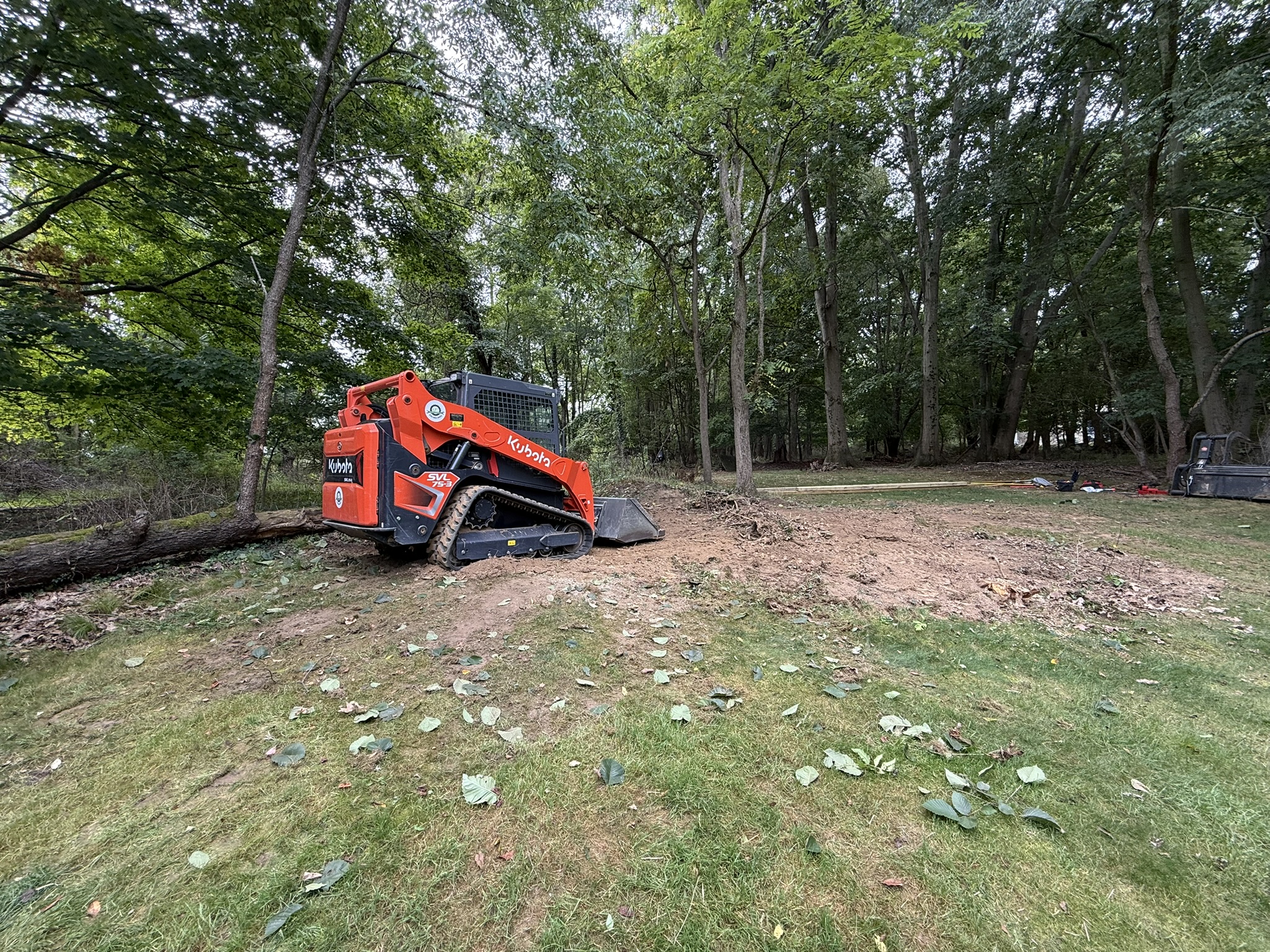 Kubota skid loader beginning to clear brush for a shed pad